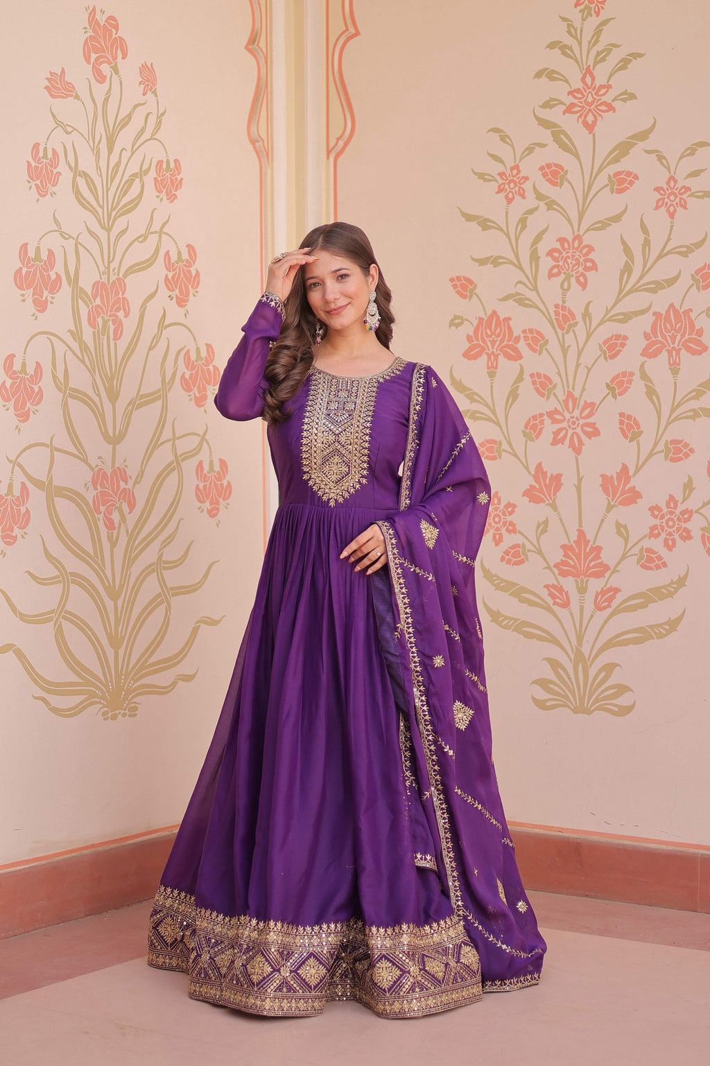 Jyoti Fashion Women's Purple Star Georgette Sequins Zari Embroidered Anarkali Set With Dupatta