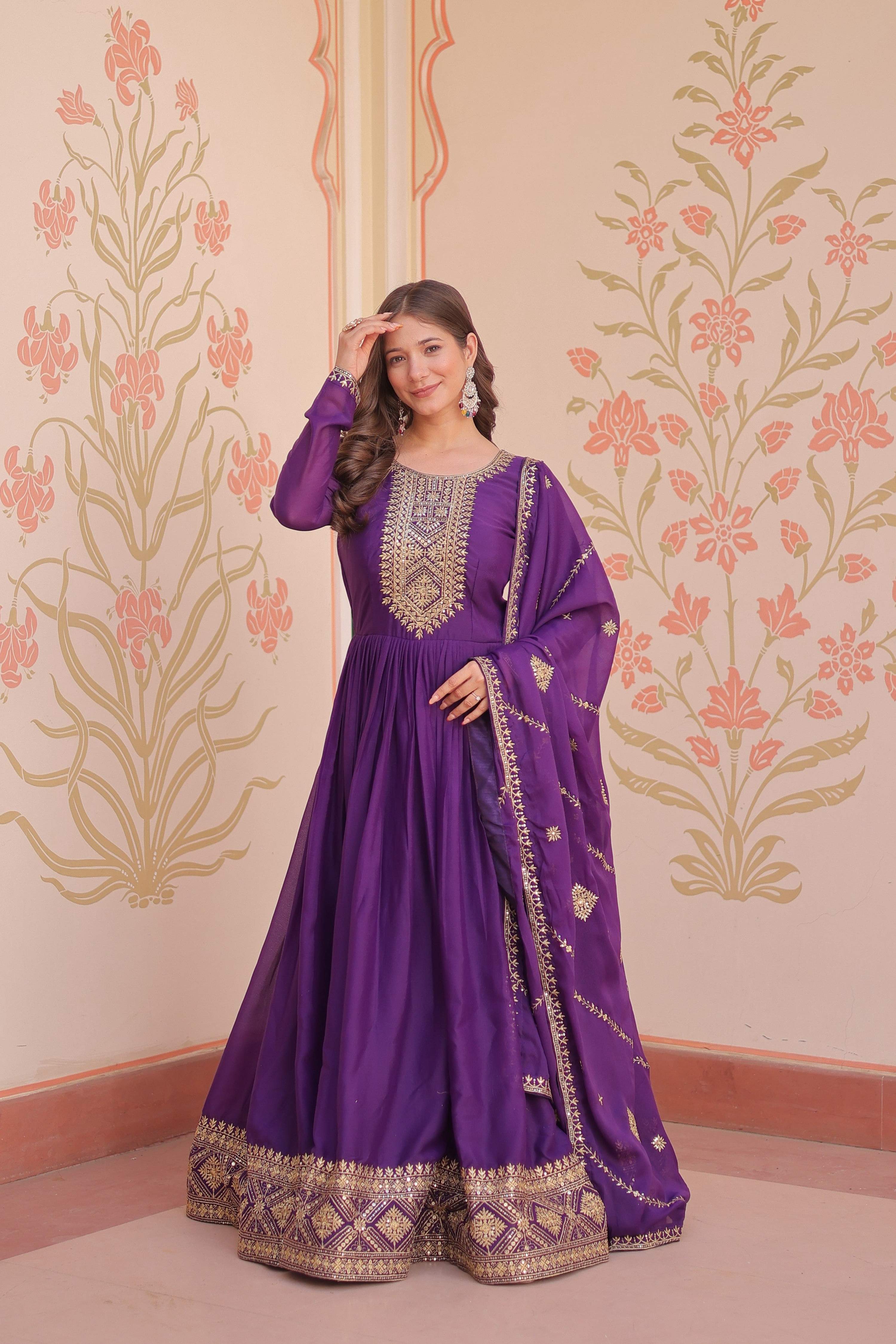 Jyoti Fashion Women's Purple Star Georgette Sequins Zari Embroidered Anarkali Set With Dupatta