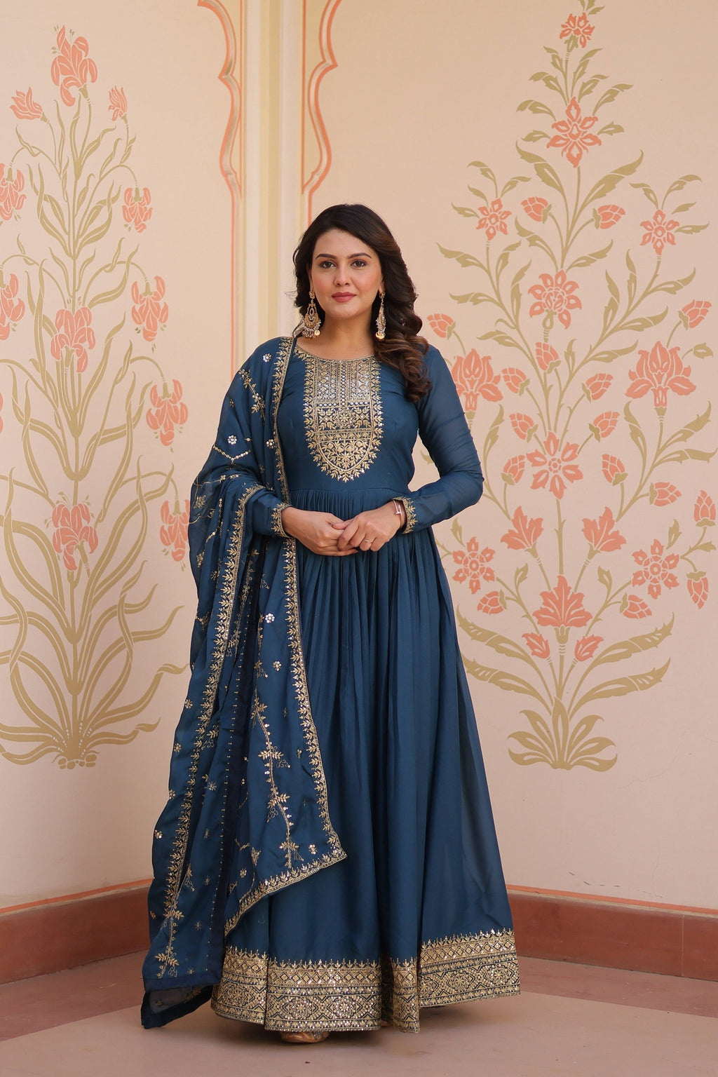Jyoti Fashion Women's Rama Star Georgette Sequins Zari Embroidered Anarkali Set With Dupatta