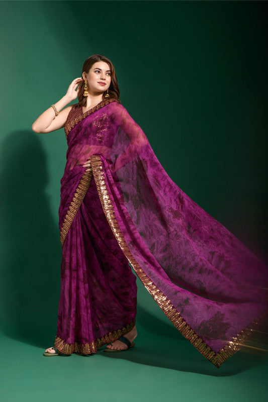 Jyoti Fashion Women's Wine Sequence Embroidery Chiffon Saree with Blouse