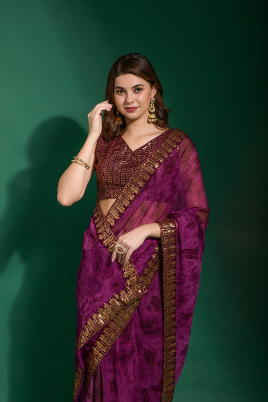 Jyoti Fashion Women's Wine Sequence Embroidery Chiffon Saree with Blouse