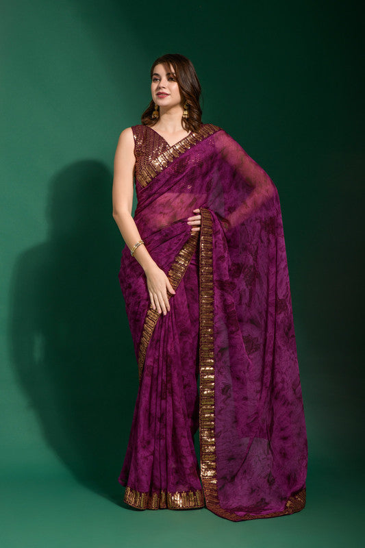 Jyoti Fashion Women's Wine Sequence Embroidery Chiffon Saree with Blouse