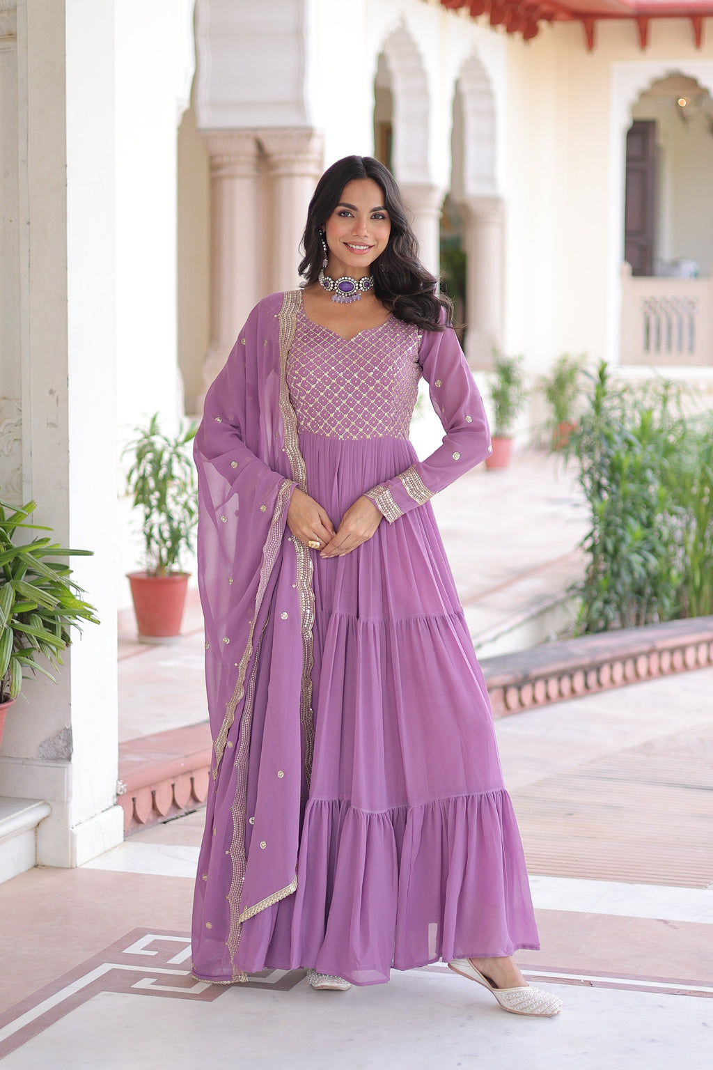 Jyoti Fashion Women's Purple Faux Georgette Sequins Zari Embroidered Anarkali Set With Dupatta