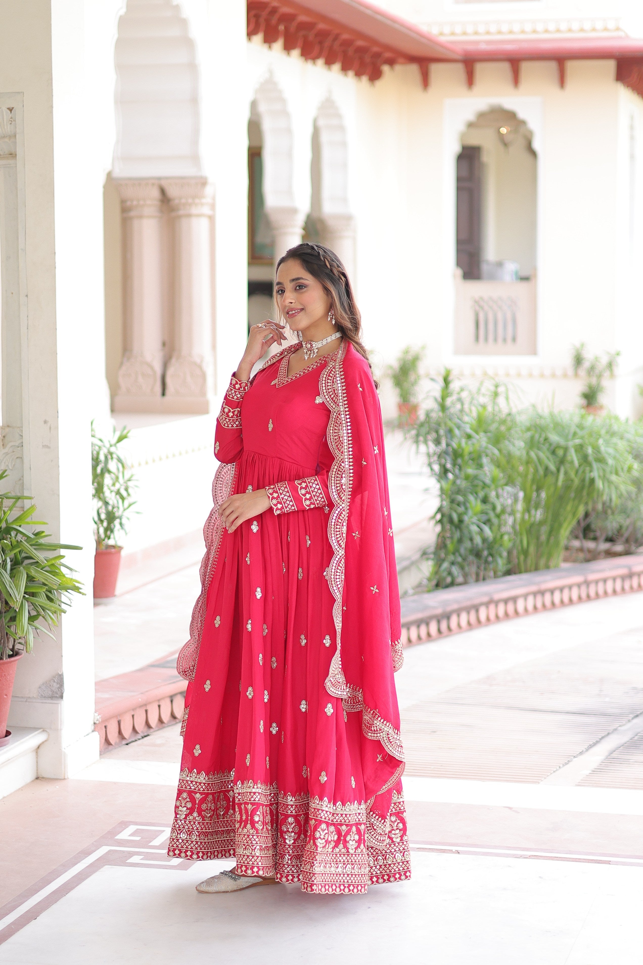 Jyoti Fashion Women's Pink Vichitra Silk Sequins Zari Embroidered Anarkali Set With Dupatta