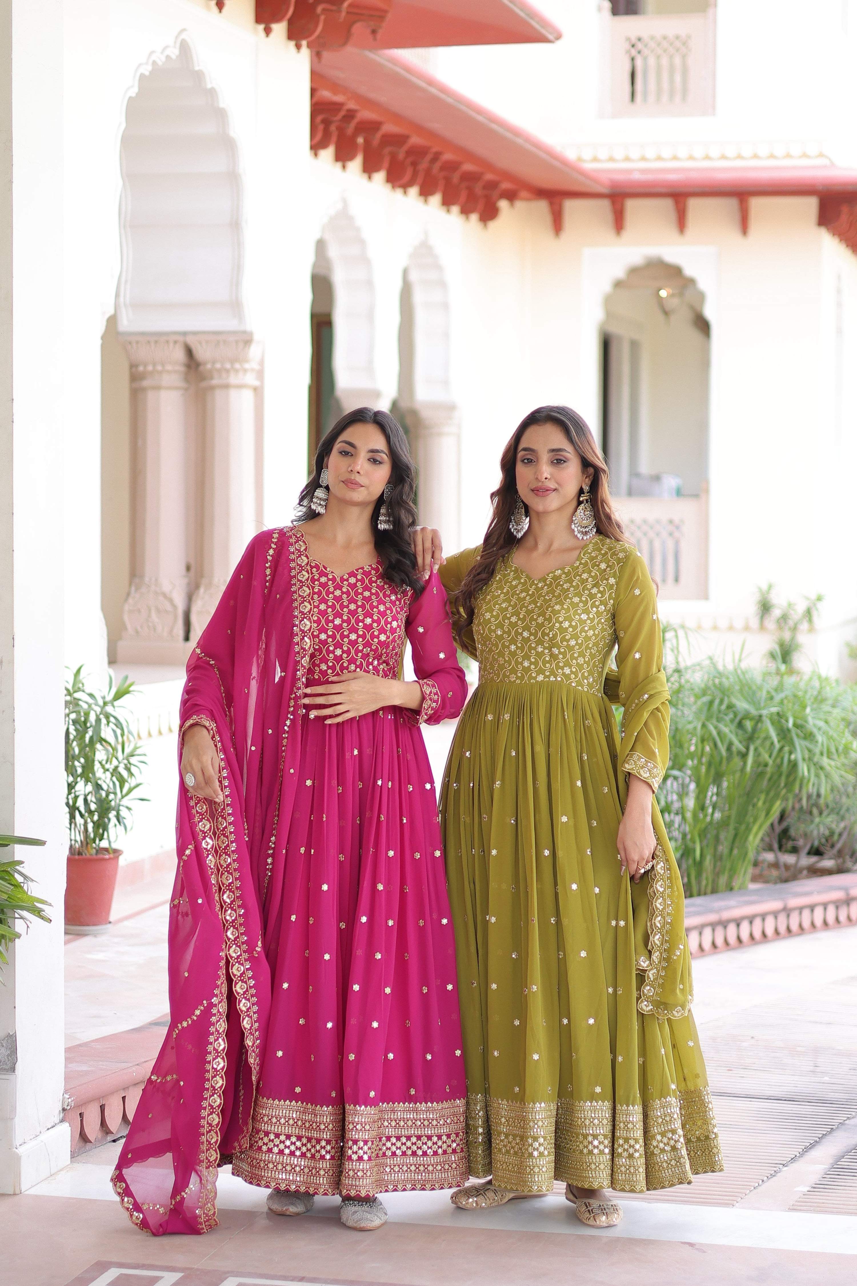 Jyoti Fashion Women's Pink & Parrot Green Faux Georgette Embroidered Combo Anarkali Set With Dupatta