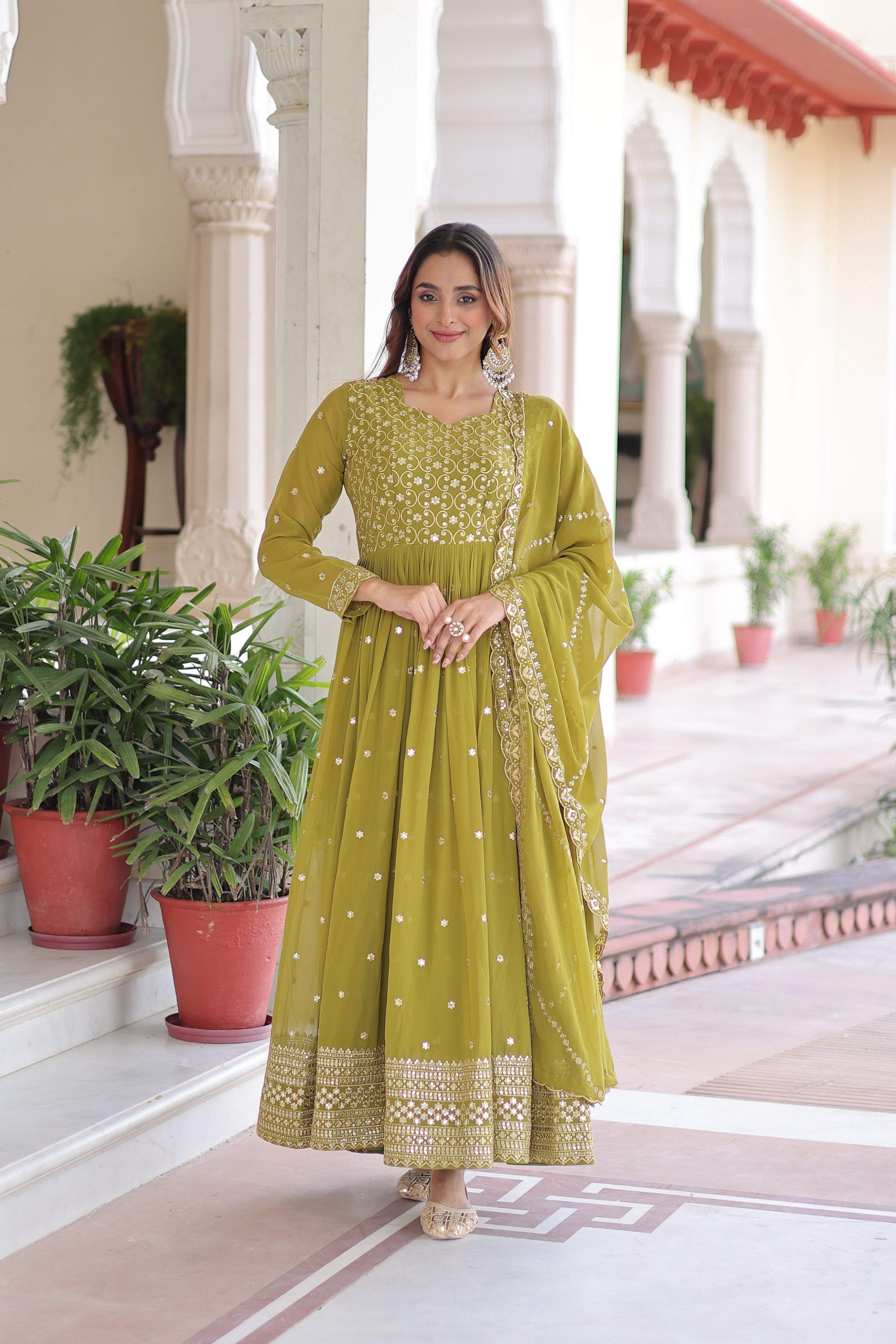 Jyoti Fashion Women's Parrot Green Faux Georgette Sequins Zari Embroidered Anarkali Set With Dupatta