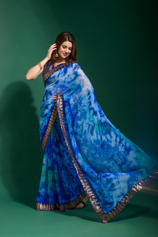 Jyoti Fashion Women's Blue Sequence Embroidery Chiffon Saree with Blouse