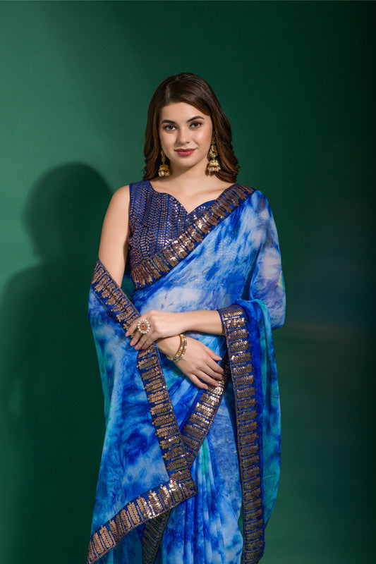 Jyoti Fashion Women's Blue Sequence Embroidery Chiffon Saree with Blouse