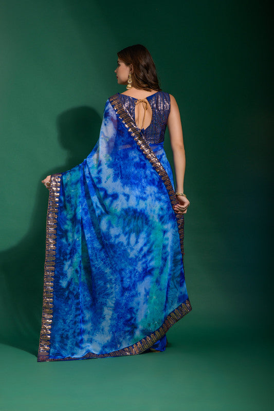 Jyoti Fashion Women's Blue Sequence Embroidery Chiffon Saree with Blouse
