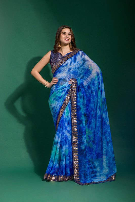 Jyoti Fashion Women's Blue Sequence Embroidery Chiffon Saree with Blouse