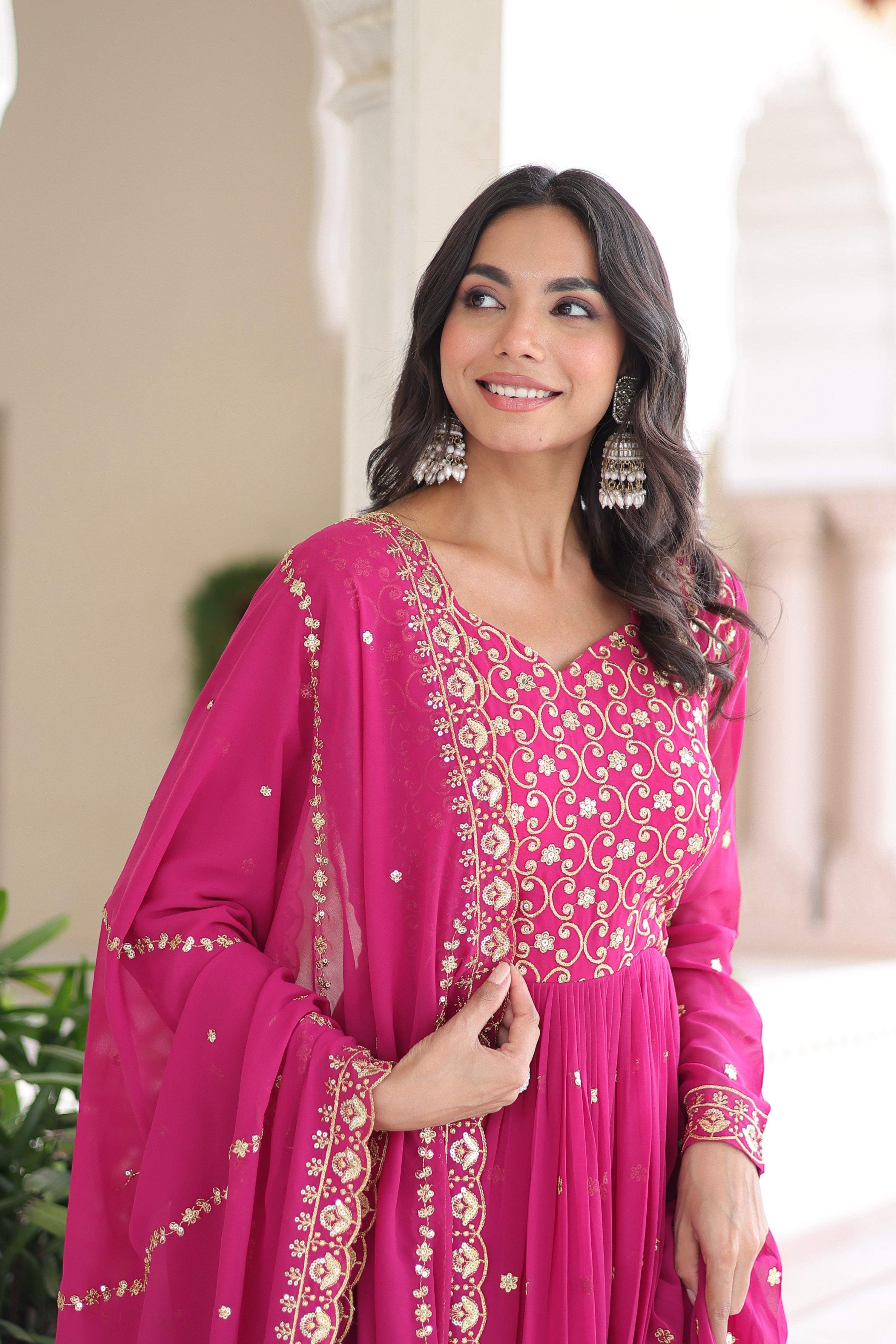Jyoti Fashion Women's Pink Faux Georgette Sequins Zari Embroidered Anarkali Set With Dupatta