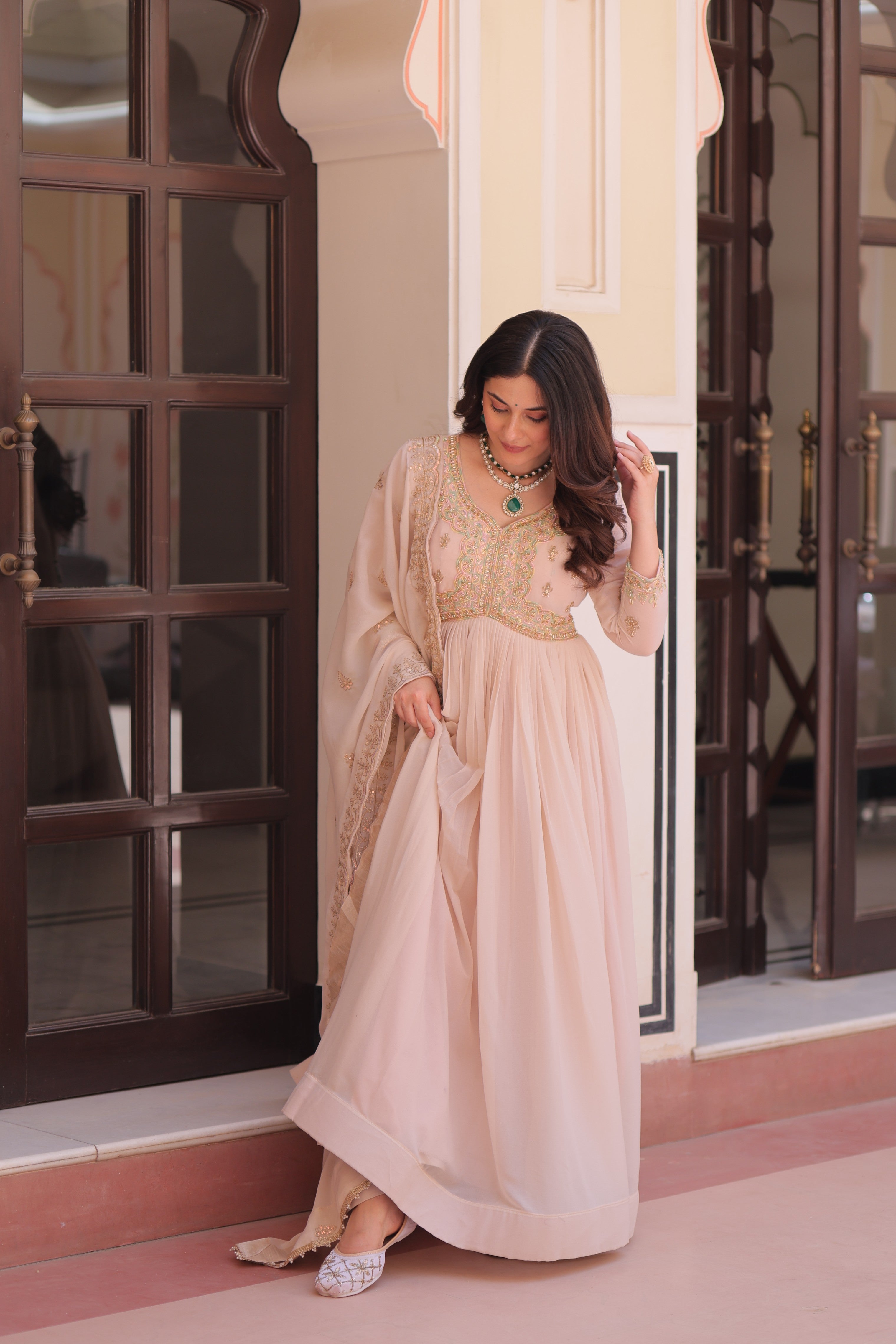 Jyoti Fashion Women's Beige Star Georgette Embroidered Anarkali Set With Dupatta