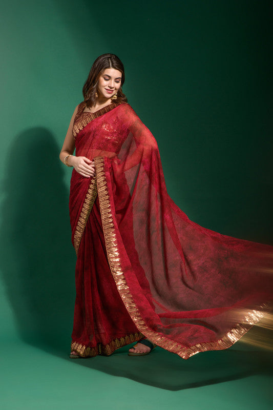 Jyoti Fashion Women's Maroon Sequence Embroidery Chiffon Saree with Blouse
