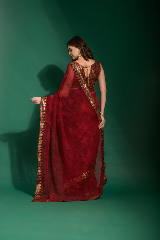 Jyoti Fashion Women's Maroon Sequence Embroidery Chiffon Saree with Blouse