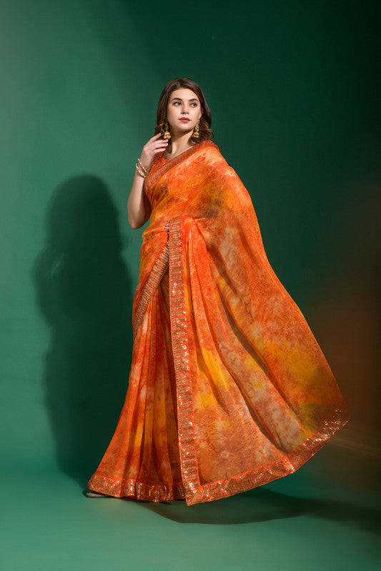 Jyoti Fashion Women's Orange Sequence Embroidery Chiffon Saree with Blouse