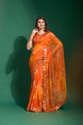 Jyoti Fashion Women's Orange Sequence Embroidery Chiffon Saree with Blouse