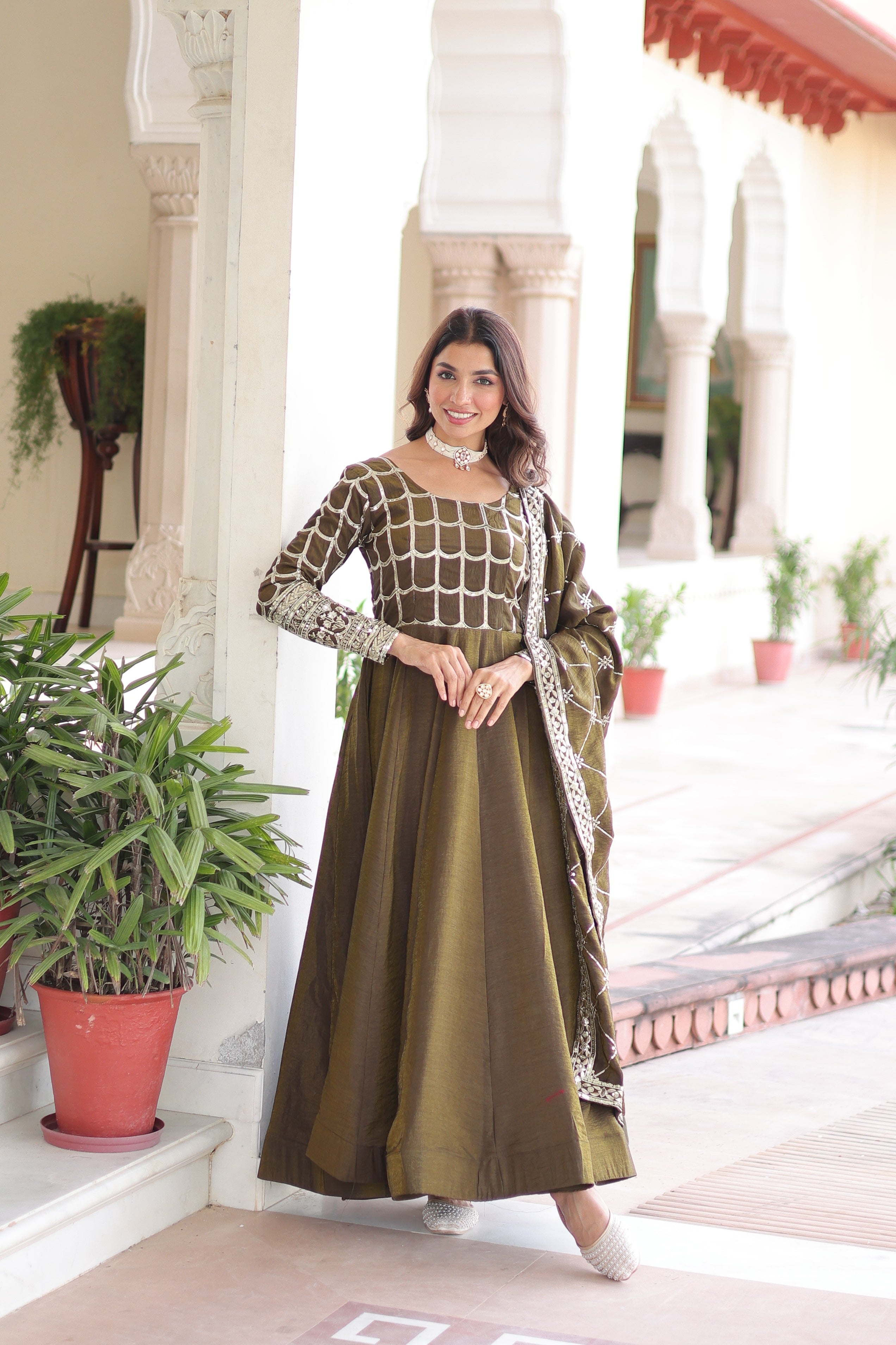 Jyoti Fashion Women's Mehendi Vichitra Silk Sequins Zari Embroidered Anarkali Set With Dupatta
