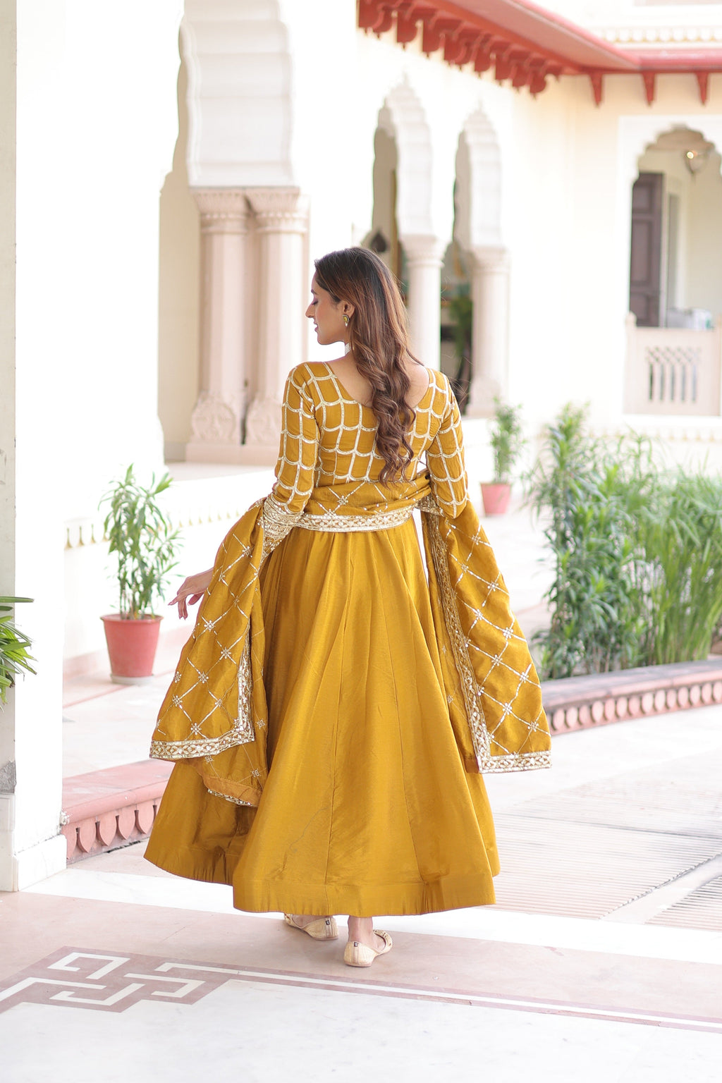 Jyoti Fashion Women's Yellow Vichitra Silk Sequins Zari Embroidered Anarkali Set With Dupatta