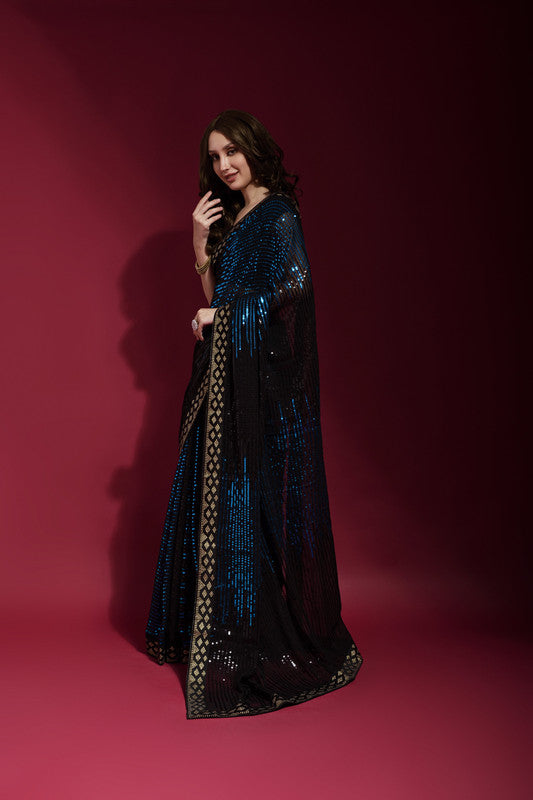 Jyoti Fashion Women's Blue Sequence Embroidery Georgette Saree with Blouse