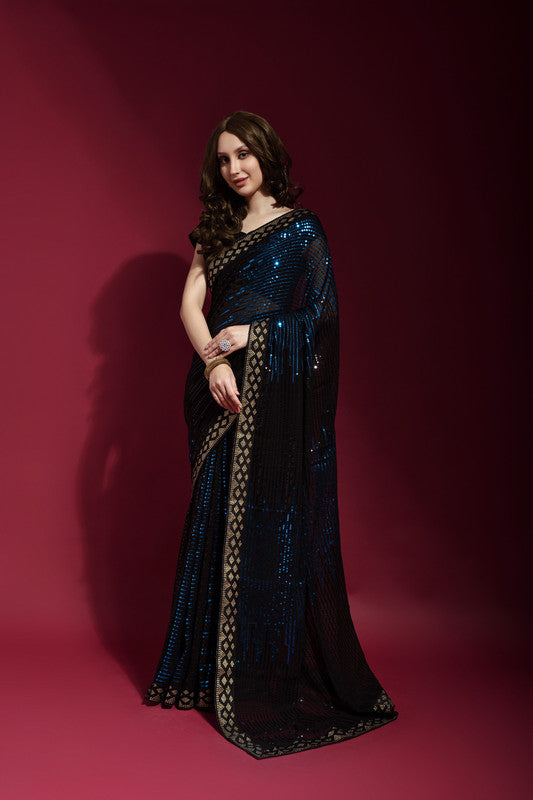 Jyoti Fashion Women's Blue Sequence Embroidery Georgette Saree with Blouse