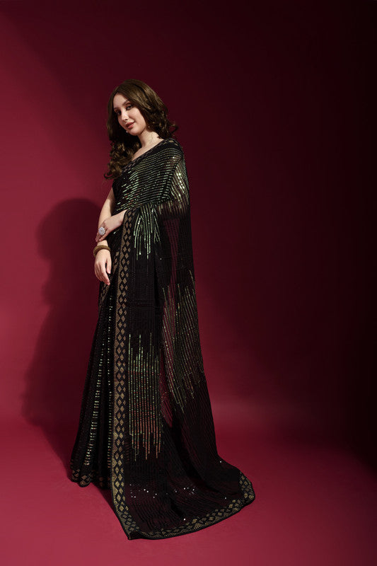 Jyoti Fashion Women's Black Sequence Embroidery Georgette Saree with Blouse