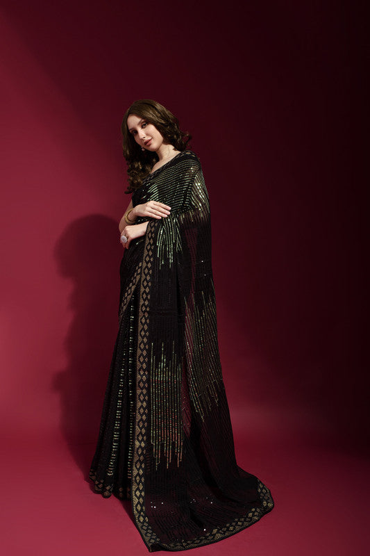 Jyoti Fashion Women's Black Sequence Embroidery Georgette Saree with Blouse