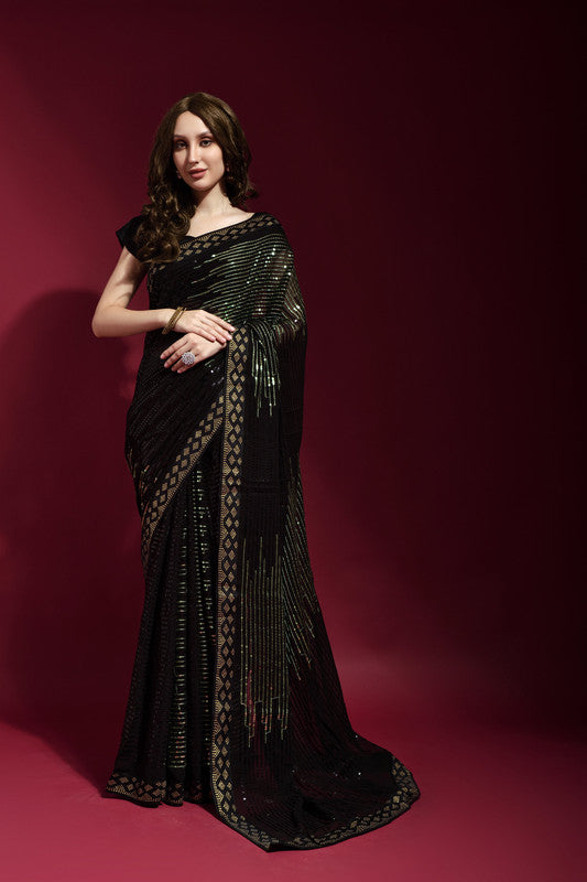 Jyoti Fashion Women's Black Sequence Embroidery Georgette Saree with Blouse