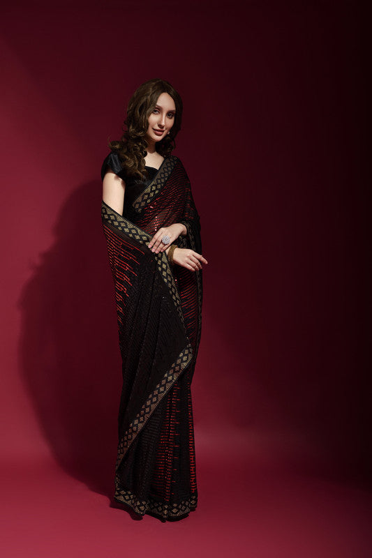 Jyoti Fashion Women's Maroon Sequence Embroidery Georgette Saree with Blouse