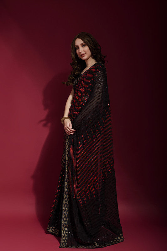 Jyoti Fashion Women's Maroon Sequence Embroidery Georgette Saree with Blouse