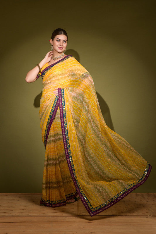 Jyoti Fashion Women's Yellow Foil Print with Sequence Georgette Saree with Blouse