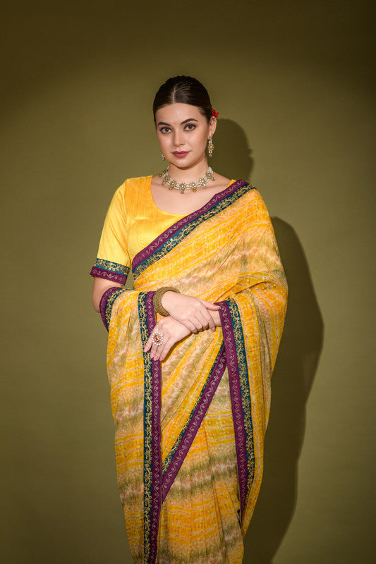 Jyoti Fashion Women's Yellow Foil Print with Sequence Georgette Saree with Blouse