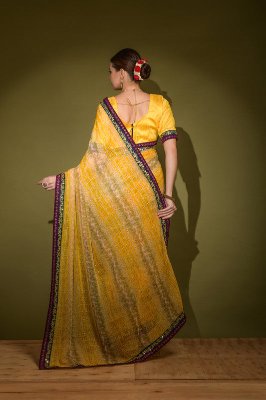 Jyoti Fashion Women's Yellow Foil Print with Sequence Georgette Saree with Blouse
