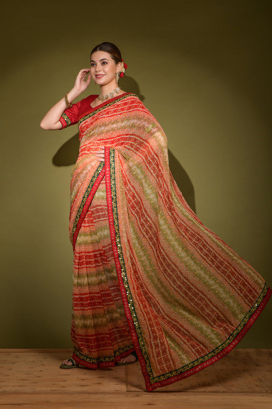 Jyoti Fashion Women's Red Foil Print with Sequence Georgette Saree with Blouse