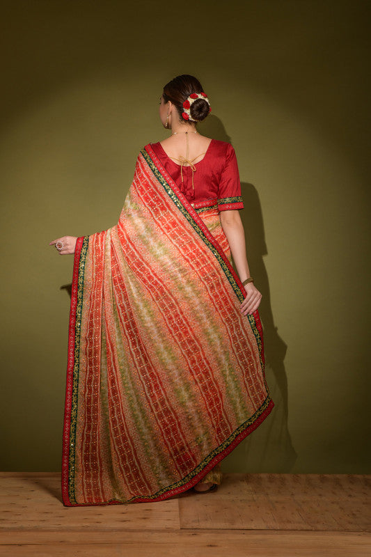 Jyoti Fashion Women's Red Foil Print with Sequence Georgette Saree with Blouse