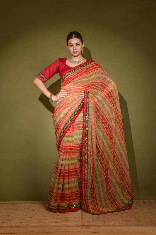 Jyoti Fashion Women's Red Foil Print with Sequence Georgette Saree with Blouse