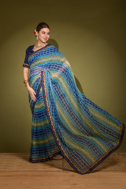 Jyoti Fashion Women's Blue Foil Print with Sequence Georgette Saree with Blouse