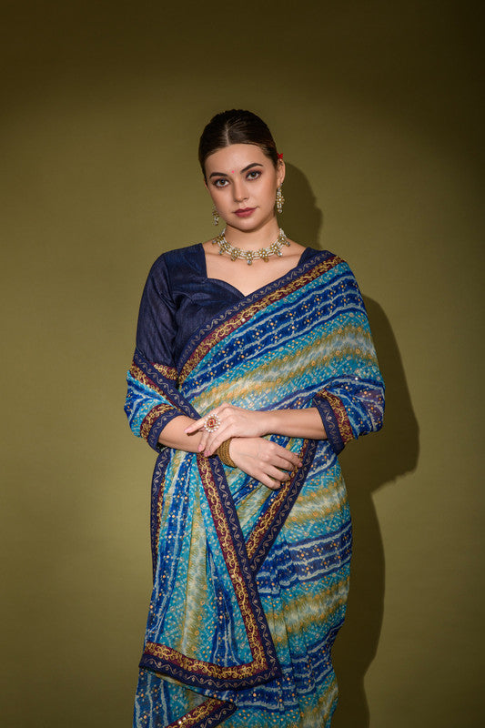 Jyoti Fashion Women's Blue Foil Print with Sequence Georgette Saree with Blouse