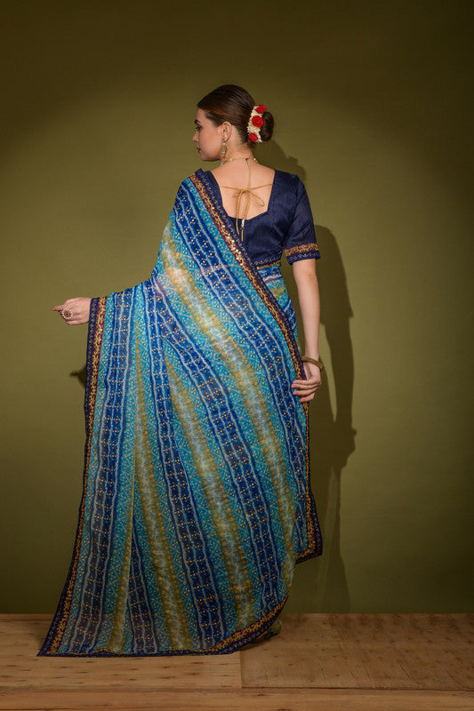 Jyoti Fashion Women's Blue Foil Print with Sequence Georgette Saree with Blouse