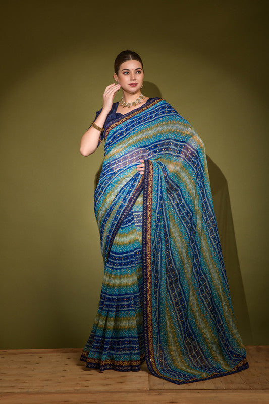 Jyoti Fashion Women's Blue Foil Print with Sequence Georgette Saree with Blouse