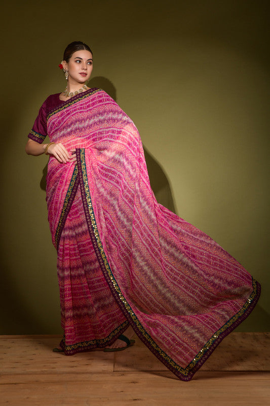 Jyoti Fashion Women's Pink Foil Print with Sequence Georgette Saree with Blouse