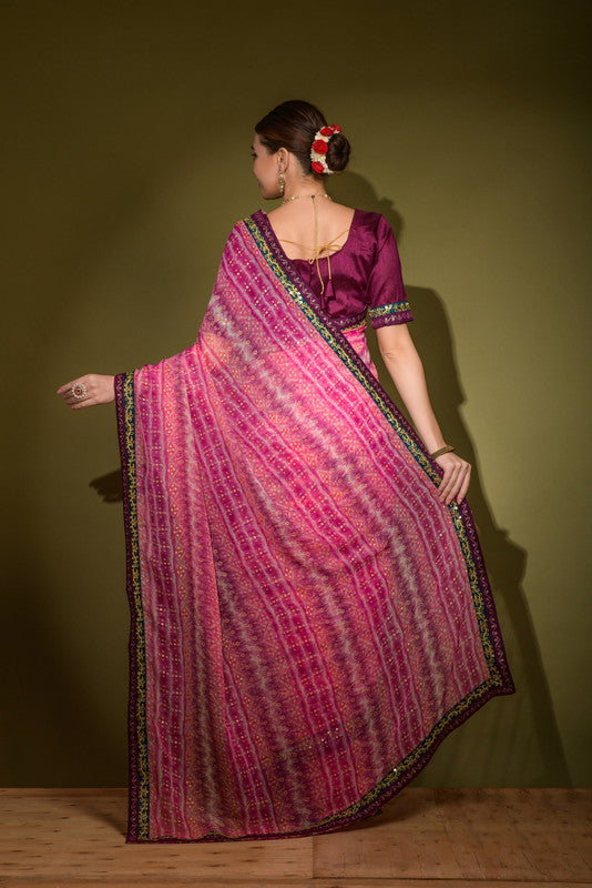 Jyoti Fashion Women's Pink Foil Print with Sequence Georgette Saree with Blouse