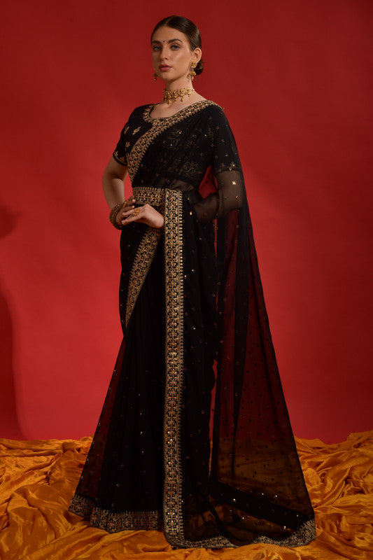 Jyoti Fashion Women's Black Sequence Coding Embroidery Georgette Saree with Blouse
