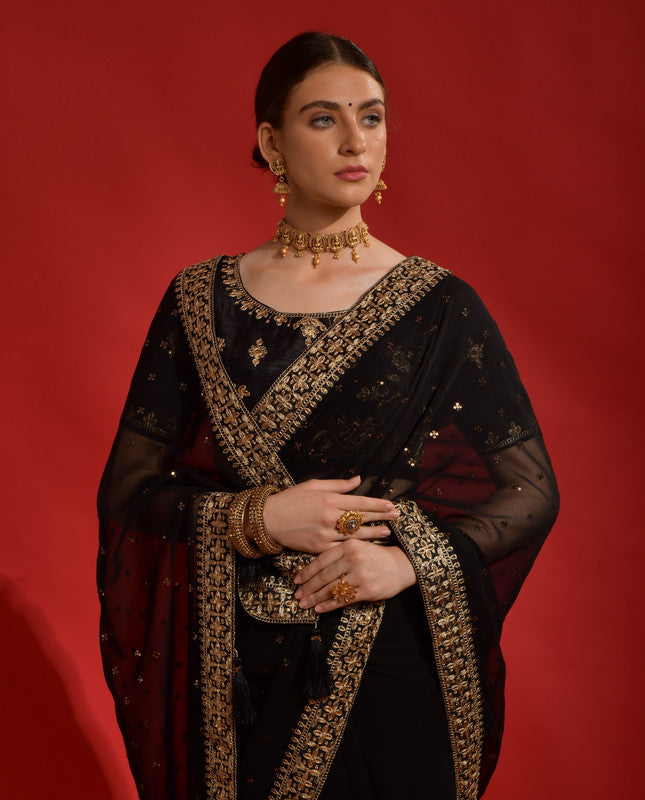 Jyoti Fashion Women's Black Sequence Coding Embroidery Georgette Saree with Blouse