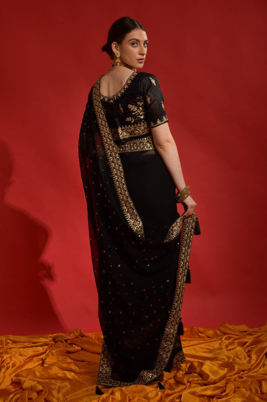 Jyoti Fashion Women's Black Sequence Coding Embroidery Georgette Saree with Blouse