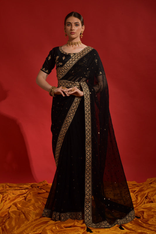 Jyoti Fashion Women's Black Sequence Coding Embroidery Georgette Saree with Blouse