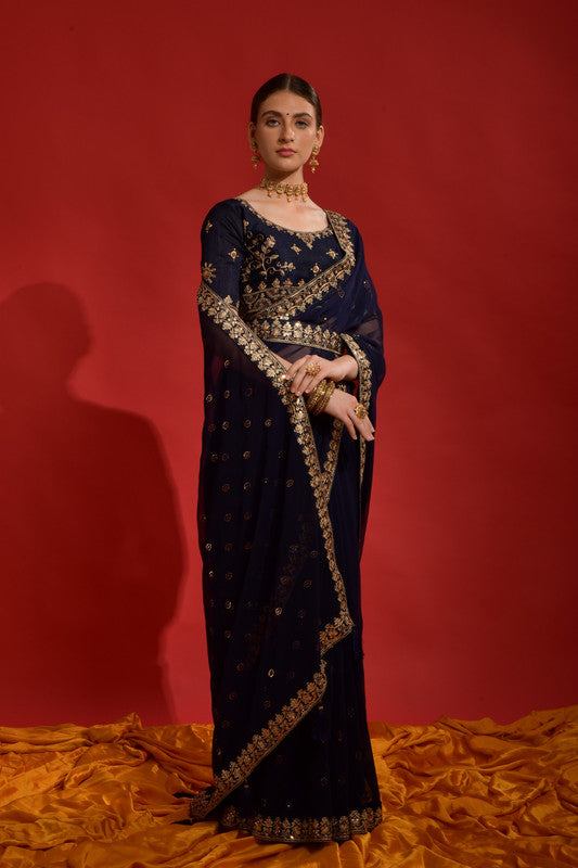 Jyoti Fashion Women's Navy Blue Sequence Coding Embroidery Georgette Saree with Blouse