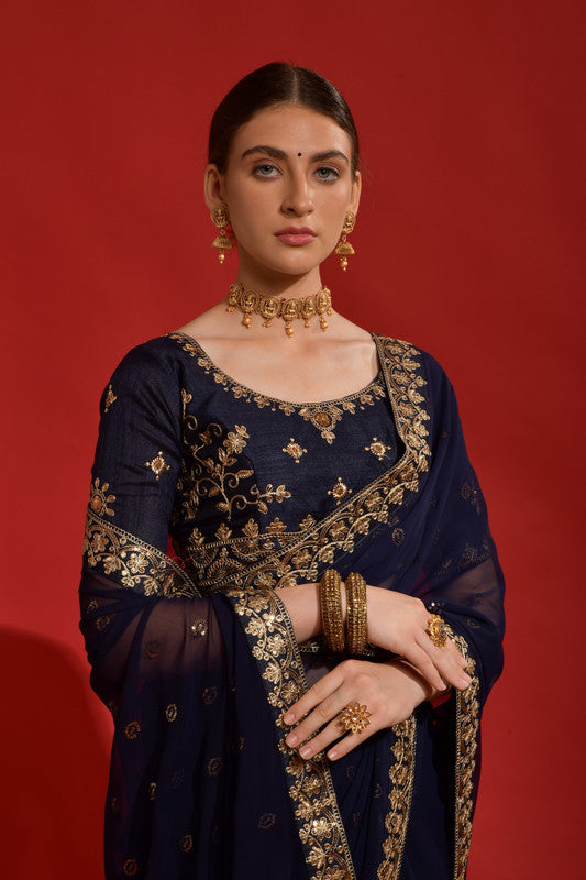 Jyoti Fashion Women's Navy Blue Sequence Coding Embroidery Georgette Saree with Blouse