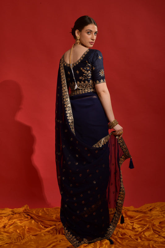 Jyoti Fashion Women's Navy Blue Sequence Coding Embroidery Georgette Saree with Blouse