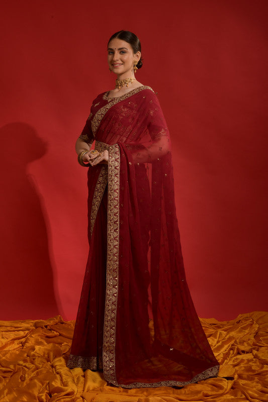 Jyoti Fashion Women's Maroon Sequence Coding Embroidery Georgette Saree with Blouse
