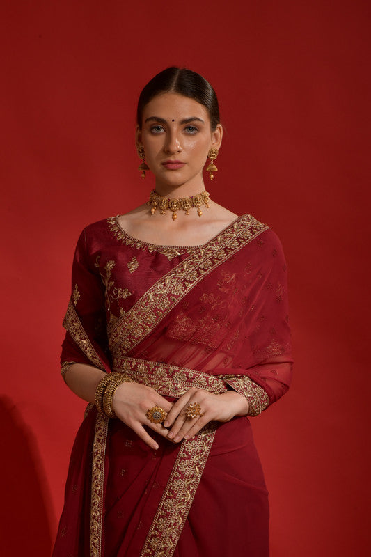 Jyoti Fashion Women's Maroon Sequence Coding Embroidery Georgette Saree with Blouse
